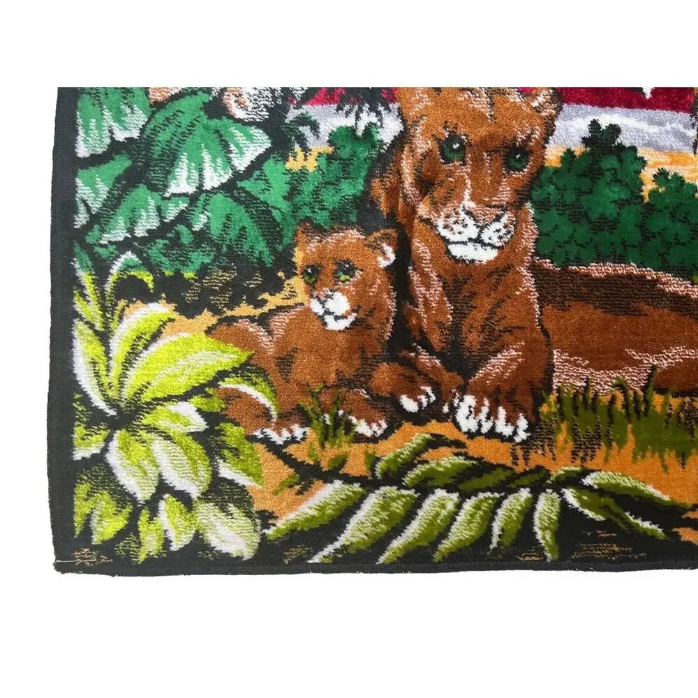 Vintage Mid Century Lion Family Large Carpet Wall Tapestry Morocco 19X38 Jungle